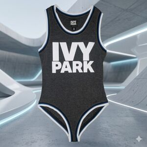 Ivy Park OG Logo Bodysuit - Charcoal Grey with Blue/White Striped Trim - XS